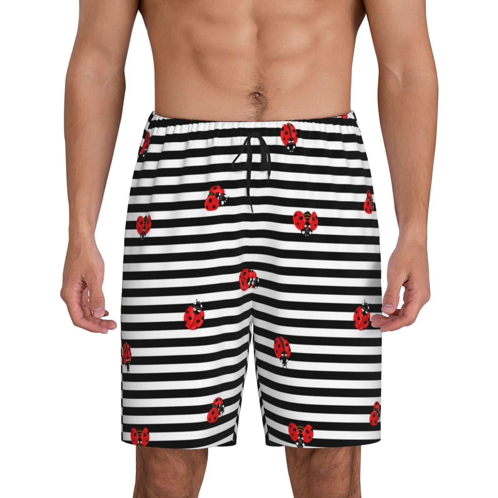 Adobk Ladybugs on Black and White Striped Print Pajama Shorts for Men