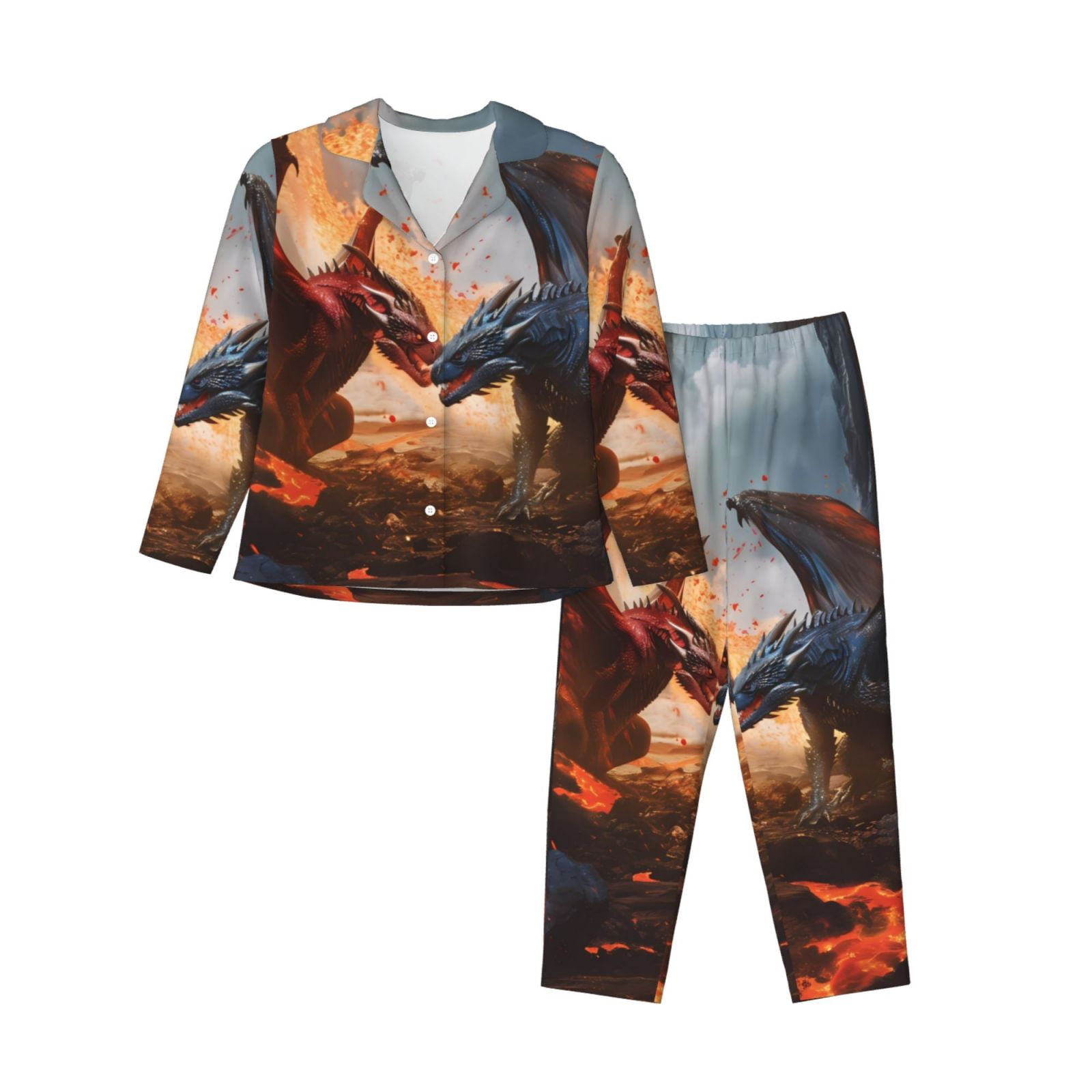 Adobk Lava Dragon Print Pajamas Set Long Sleeve Sleepwear Womens Button ...