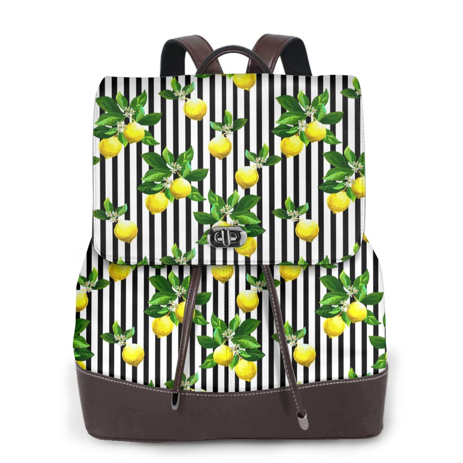 Adobk Lemons on Striped Print Leather Backpack Vintage Laptop Bookbag