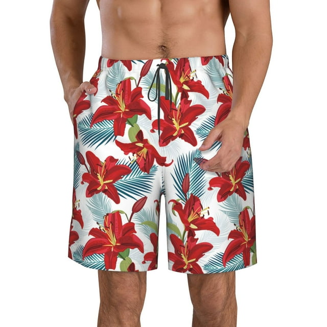 Adobk Lilies Flowers Print Men's Swim Trunks Hawaiian Bathing Suit Swimsuits Beach Shorts with Pockets-Large