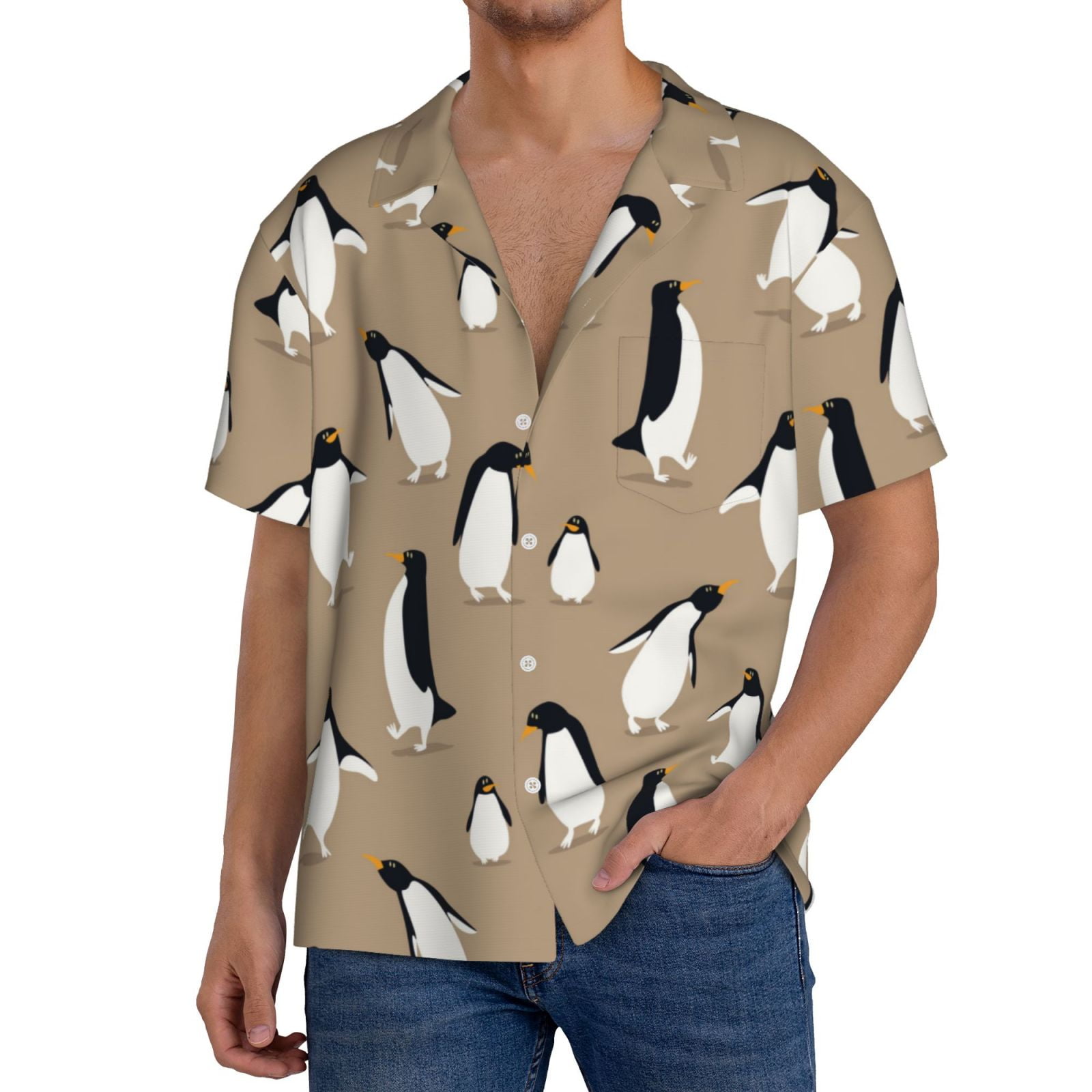 Adobk Lovely Penguin Print Men's Casual Button Down Shirt Summer ...