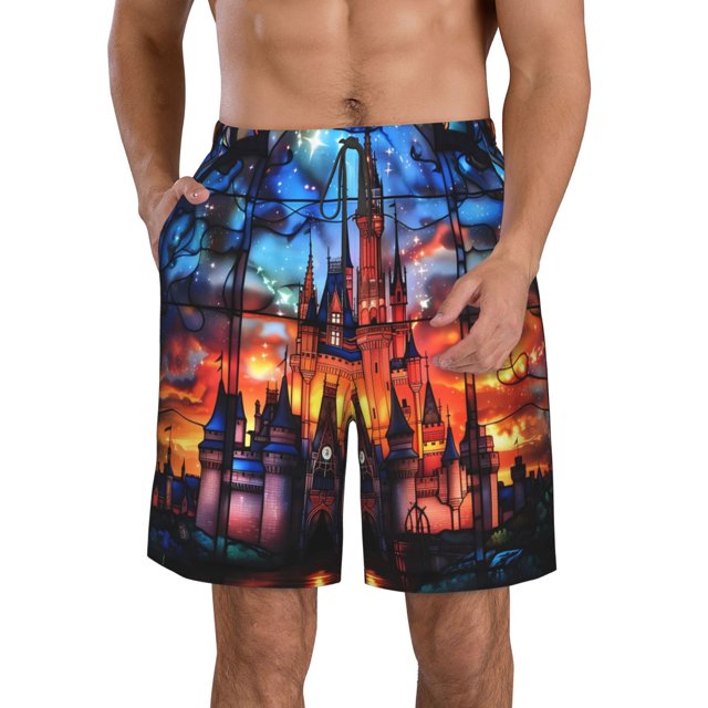 Adobk Magical Stained Glass Castle Print Men's Swim Trunks Hawaiian