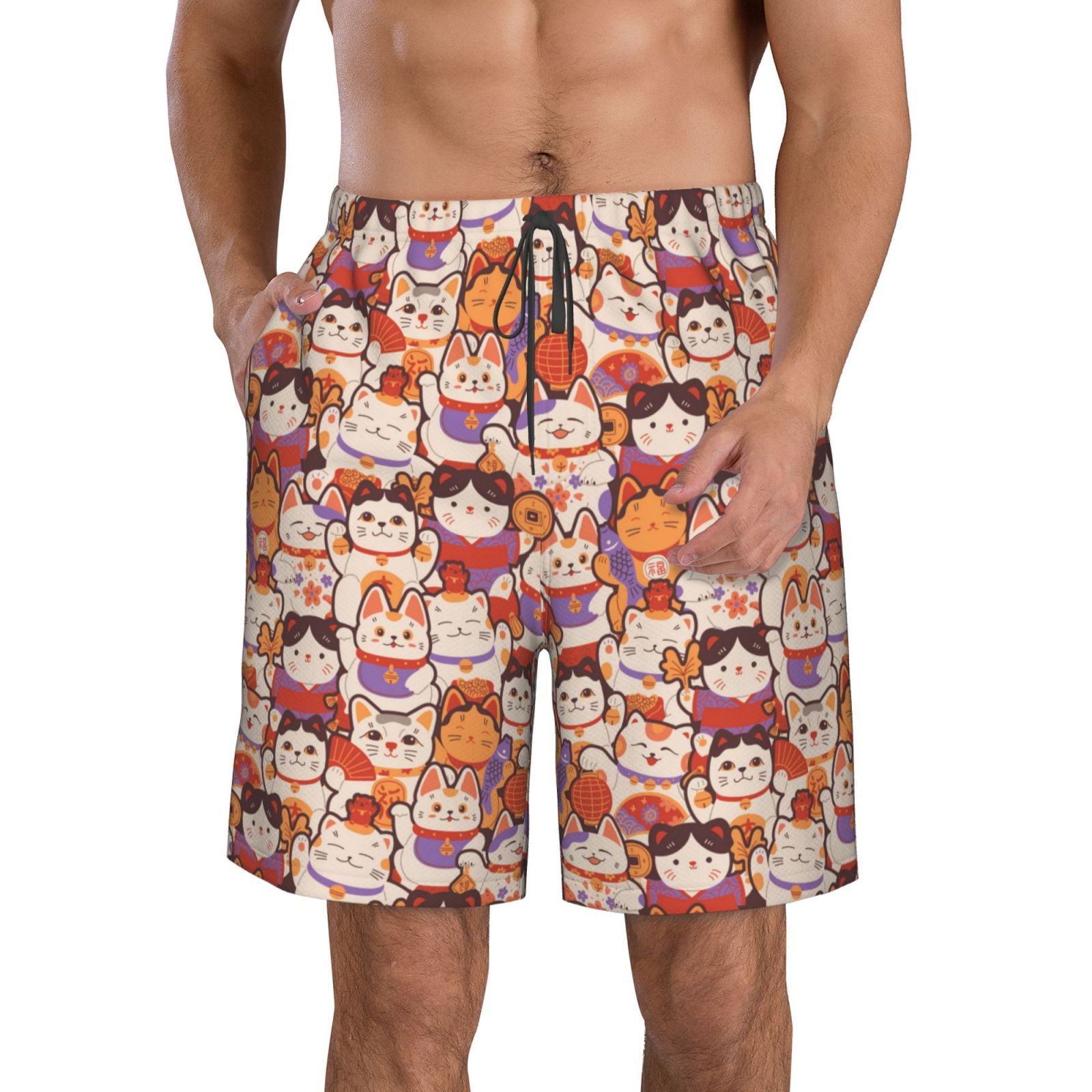 Adobk ManekiNeko Cats Print Men's Swim Trunks Hawaiian Bathing Suit