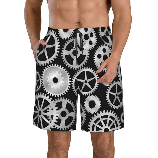 Adobk Metallic Gears Print Men's Swim Trunks Hawaiian Bathing Suit Swimsuits Beach Shorts with Pockets-X-Large