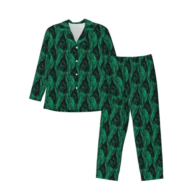 Adobk Mint Bird Feathers Print Mens Pajamas Set Long Sleeve Soft