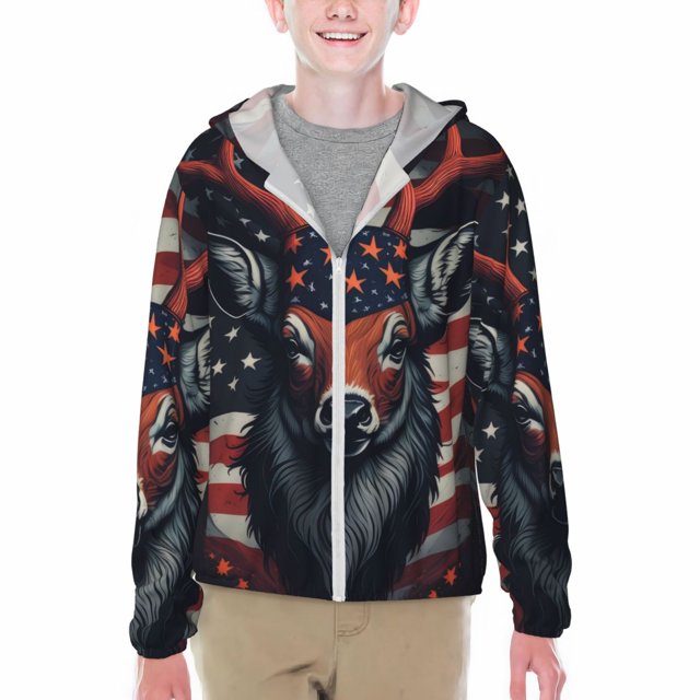 Adobk Modern USA Deer Head Print Rash Guard Long Sleeve UPF 50+ UV