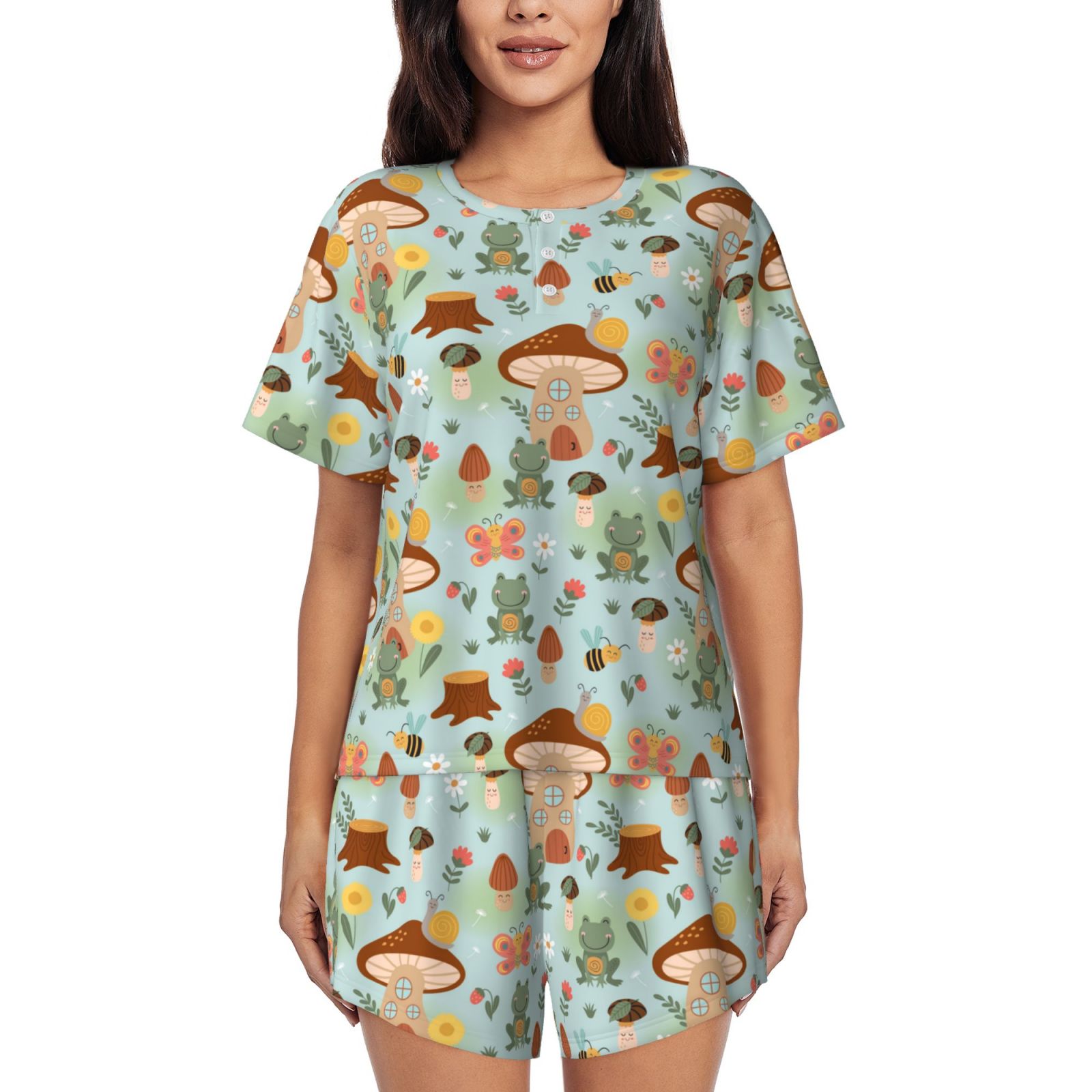 Laprad Women's Cute Frog & Mushroom Pajama Set - Short Sleeve Top & Shorts With Pockets - View #10