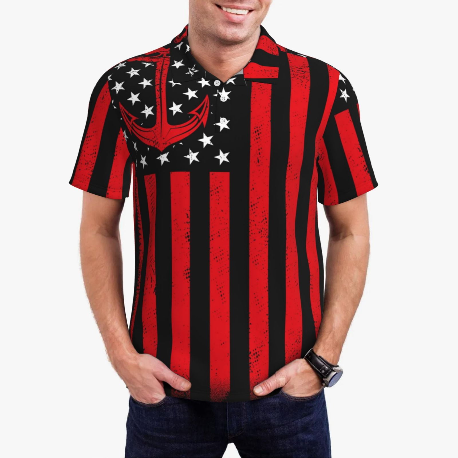 Men's V-neck 3D Non-Stretch American Flag Button Up Polo Shirt main image 1