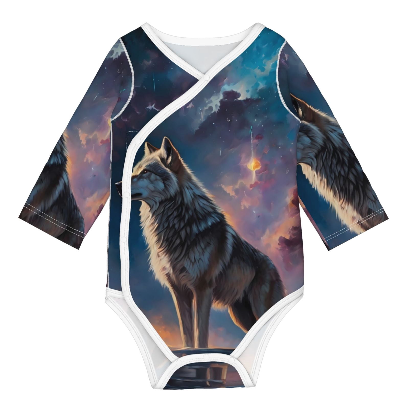 Adobk Night Sky Wolf Print Baby LongSleeve Bodysuit Baby Clothes