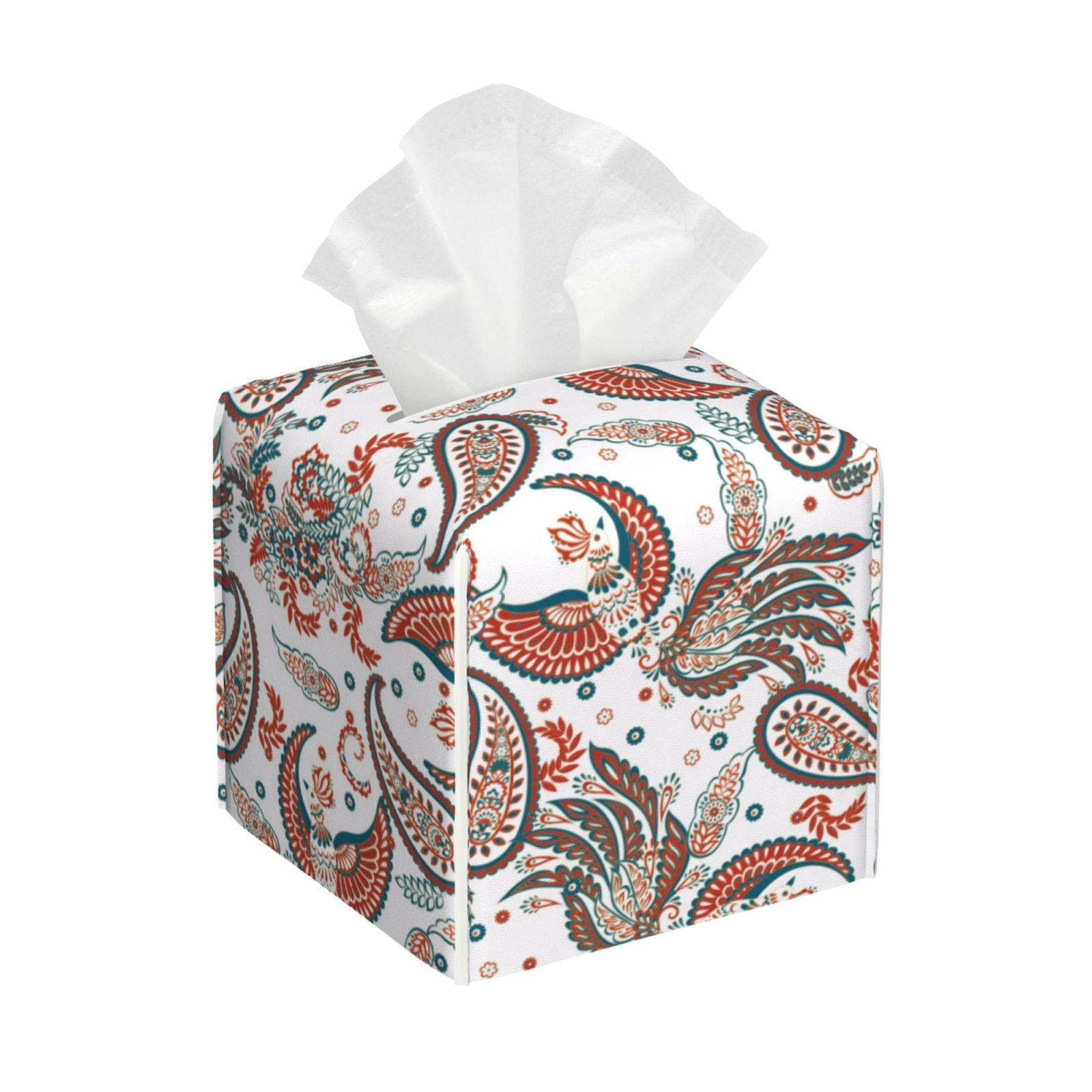 Adobk Paisley Floral Print Tissue Box Cover, Square PU Leather Tissue