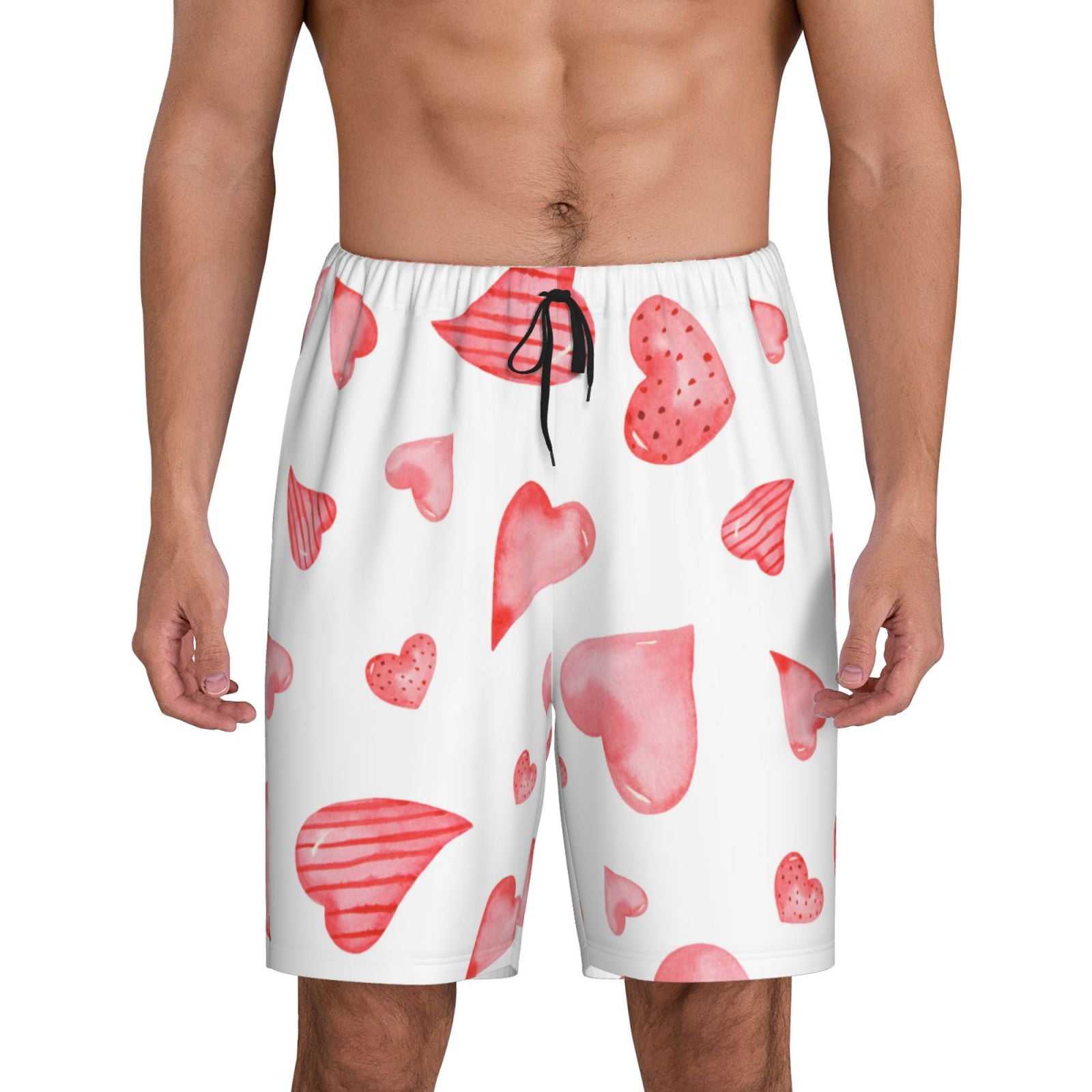 Adobk Pink Hearts Print Pajama Shorts for Men Pjs Bottoms Sleep Shorts