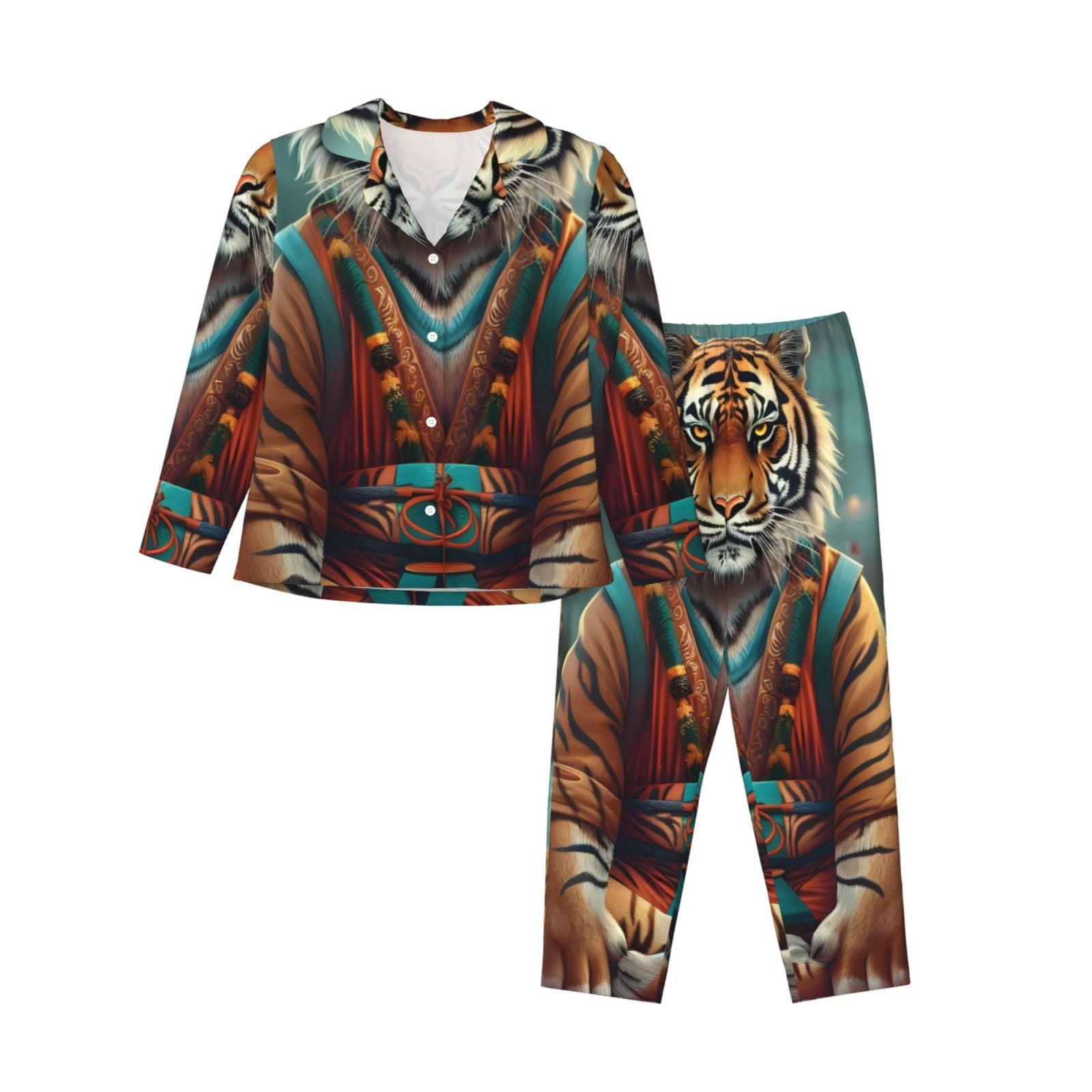 Adobk Pond Meditating Tiger Print Pajamas Set Long Sleeve Sleepwear