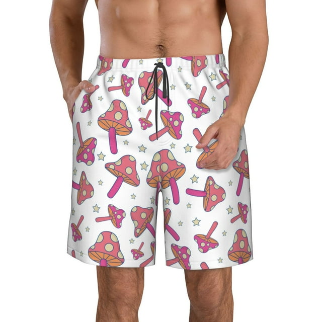 Adobk Purple Mushroom Print Men's Swim Trunks Hawaiian Bathing Suit Swimsuits Beach Shorts with Pockets-Medium