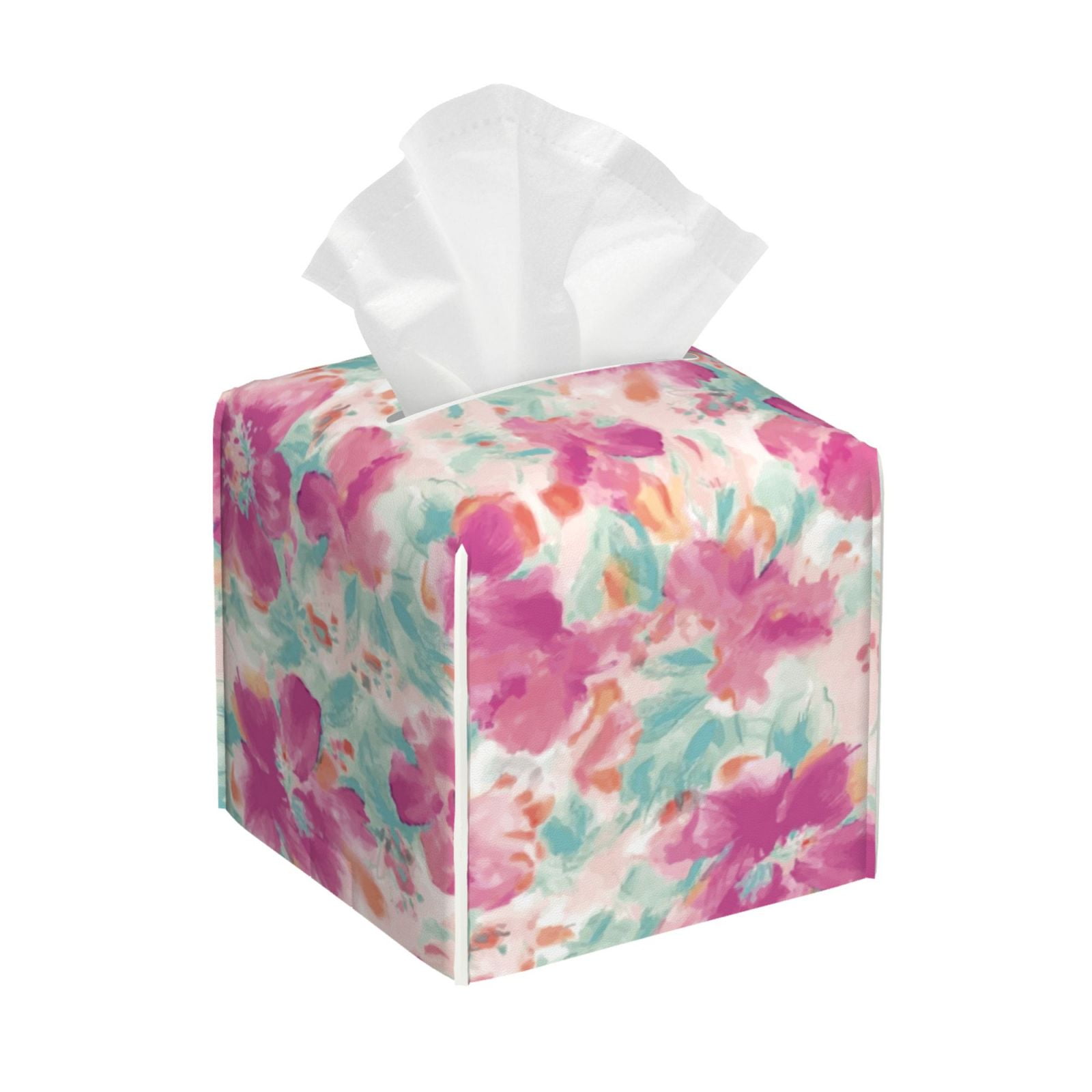 Adobk Purple Watercolor Flowers Print Tissue Box Cover, Square PU