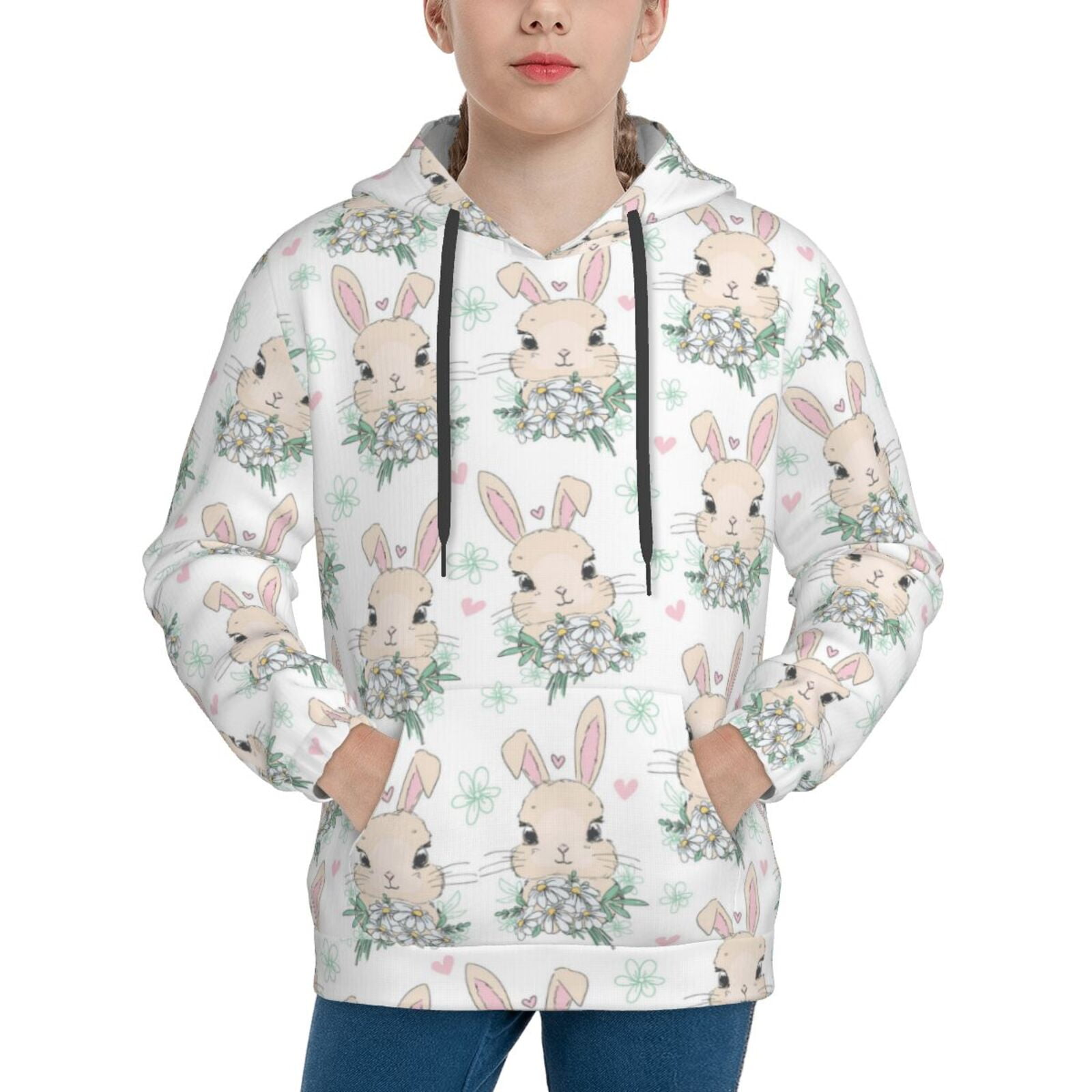 Adobk Rabbit And Flower Print Youth Hoodie Sweatshirt Boys and Girls ...