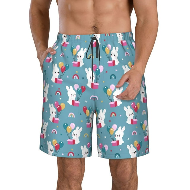 Adobk Rabbit And Rainbow Print Men's Swim Trunks Hawaiian Bathing Suit Swimsuits Beach Shorts with Pockets-Medium