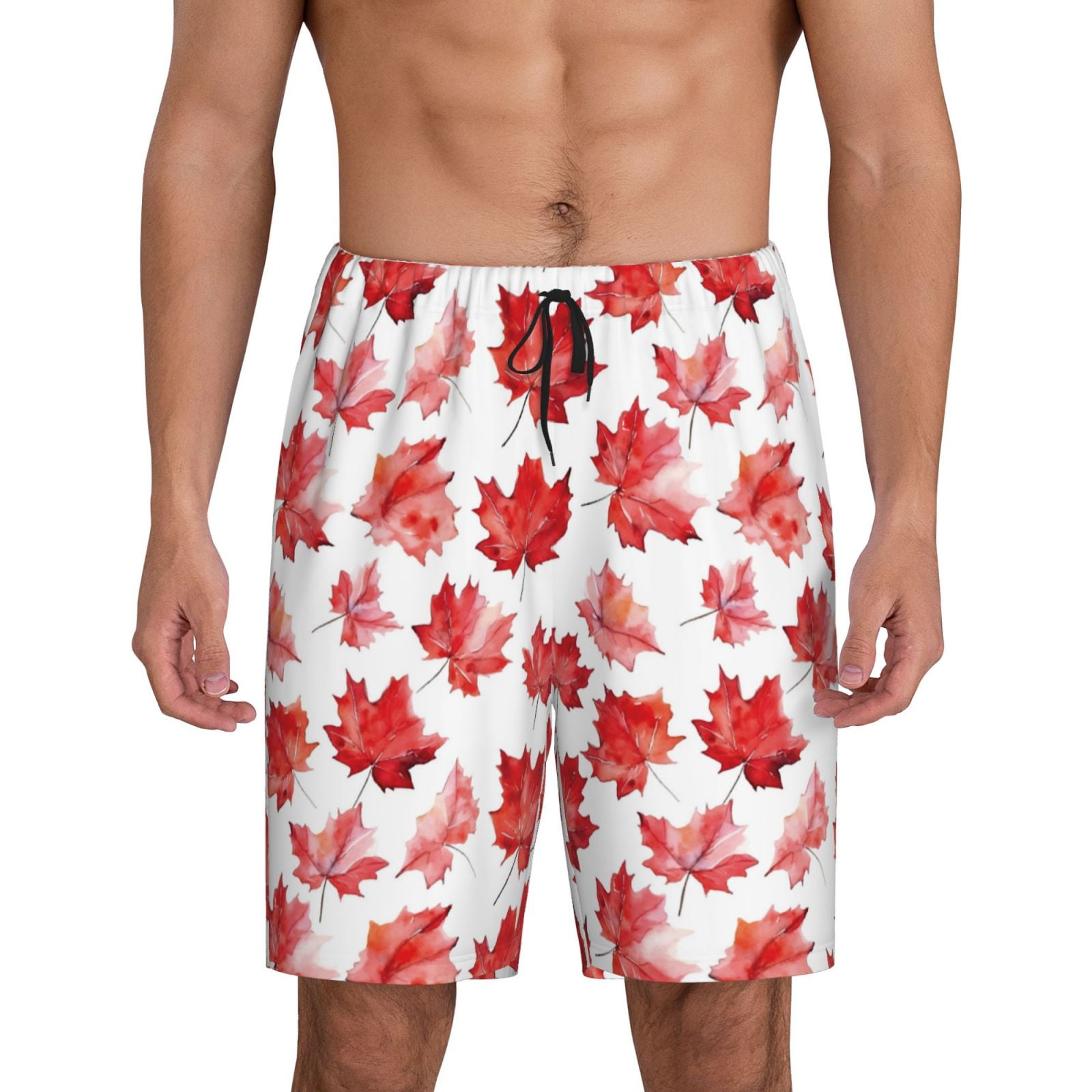 Adobk Realistic Maple Leaf Print Pajama Shorts for Men Pjs Bottoms