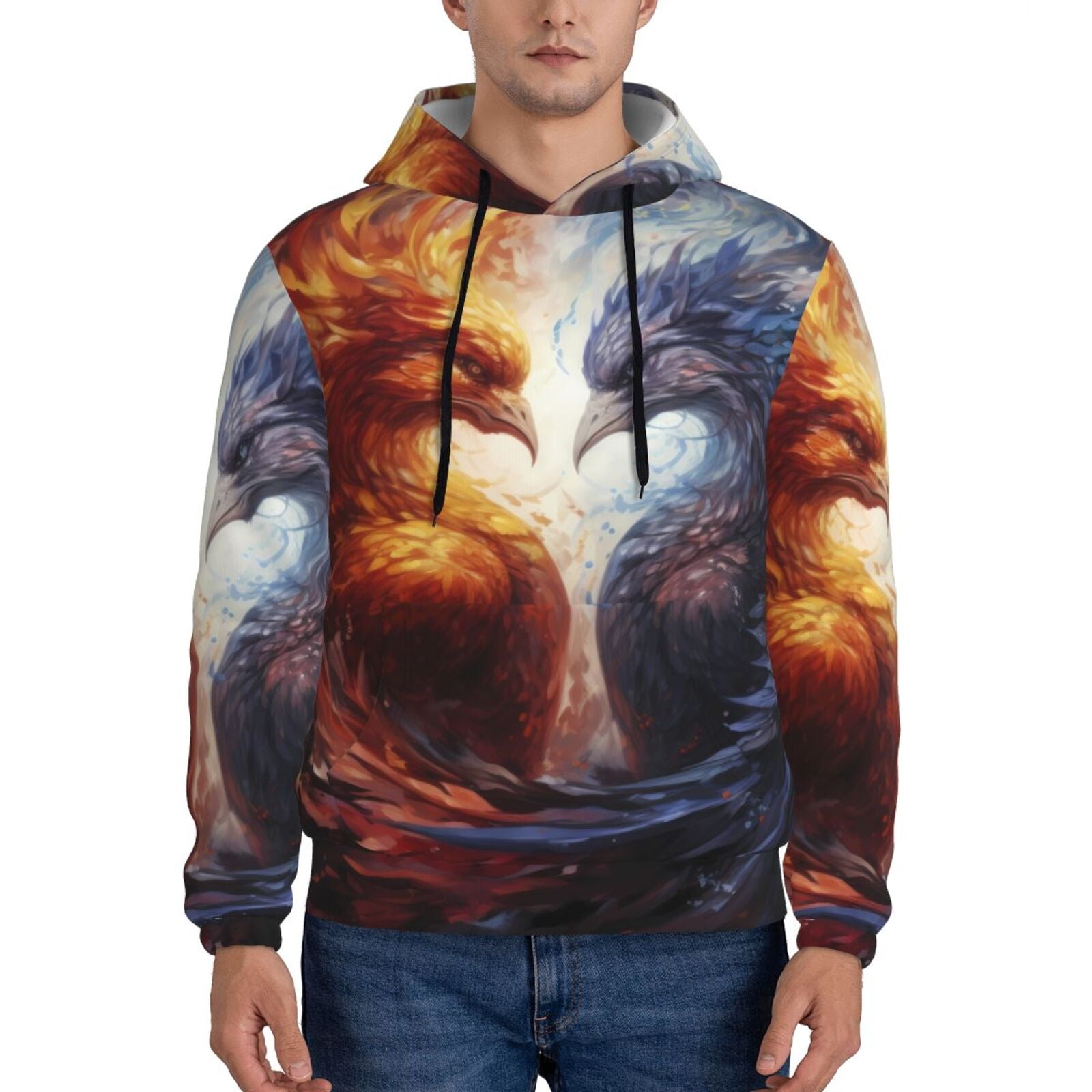 Adobk Red And White Fire Bird Print Men's Pullover Hoodie Pullover