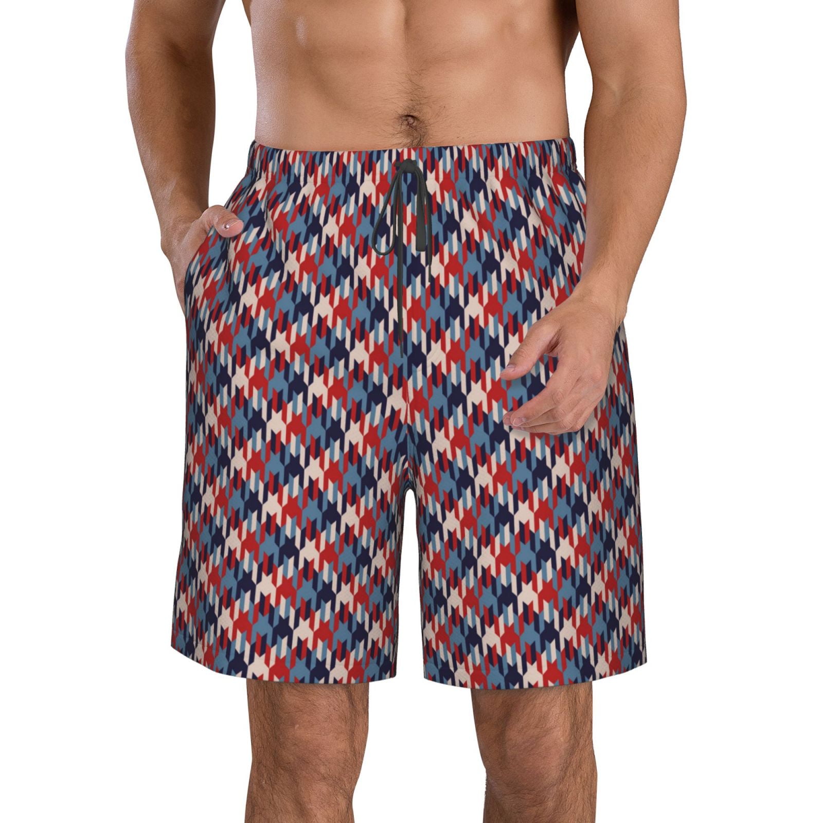 Adobk Red Blue Checked Print Men's Swim Trunks Hawaiian Bathing Suit