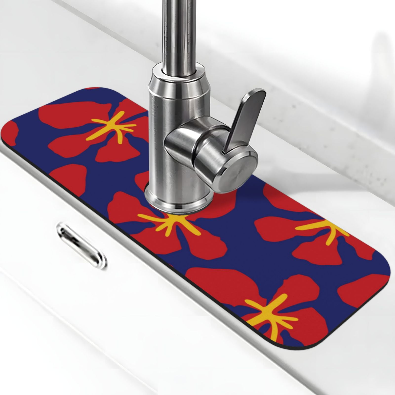 Adobk Red Floral Print Faucet Mat for Kitchen Sink,Sink Splash Guard