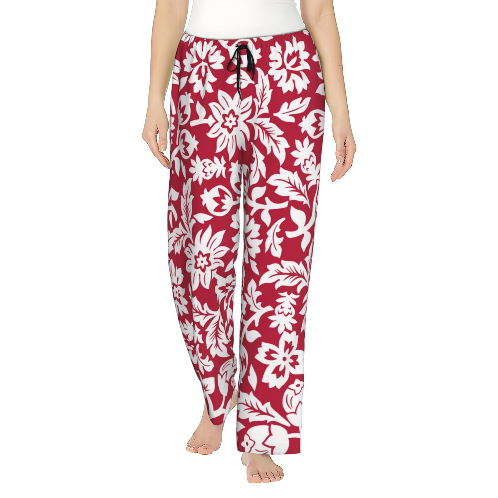 Adobk Red Flowers Print Women Comfy Casual Pajama Pants with Pockets