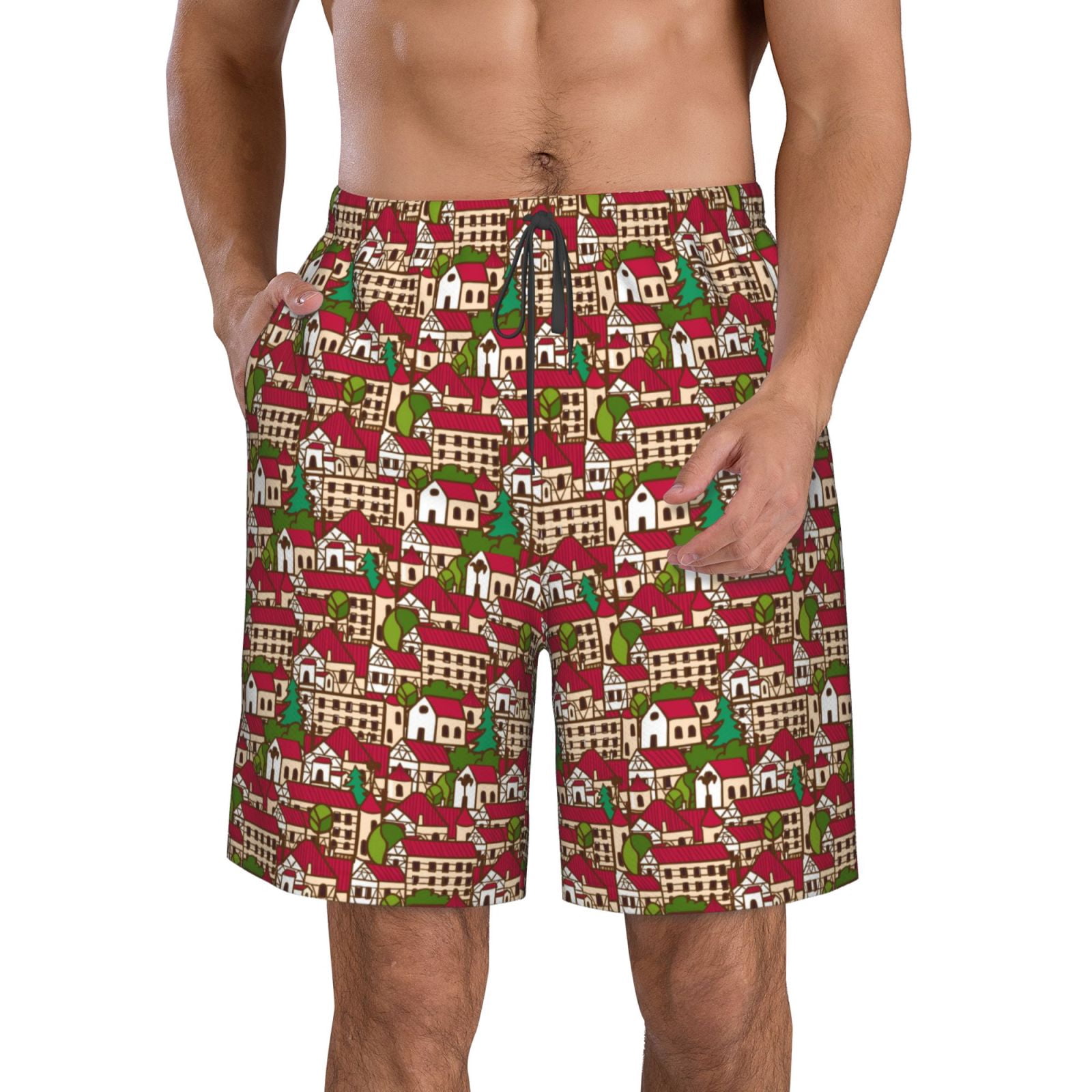 Adobk Red Houses Print Men's Swim Trunks Hawaiian Bathing Suit
