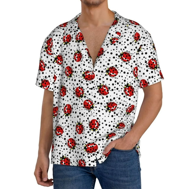 Adobk Red Ladybugs On Black Dotted Print Men's Casual Button Down Shirt