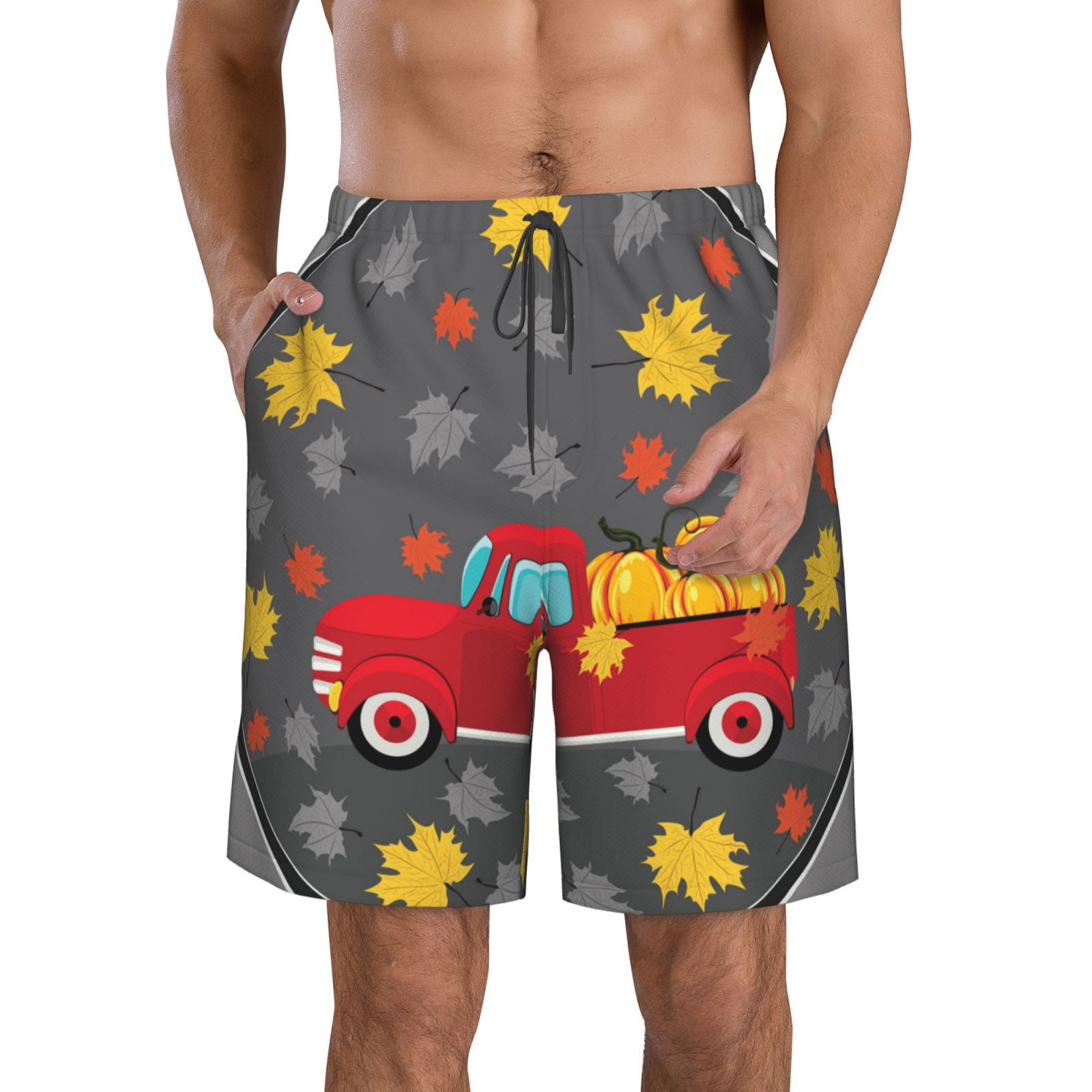 Adobk Red Pickup Truck With Pumpkins Print Men's Swim Trunks Hawaiian