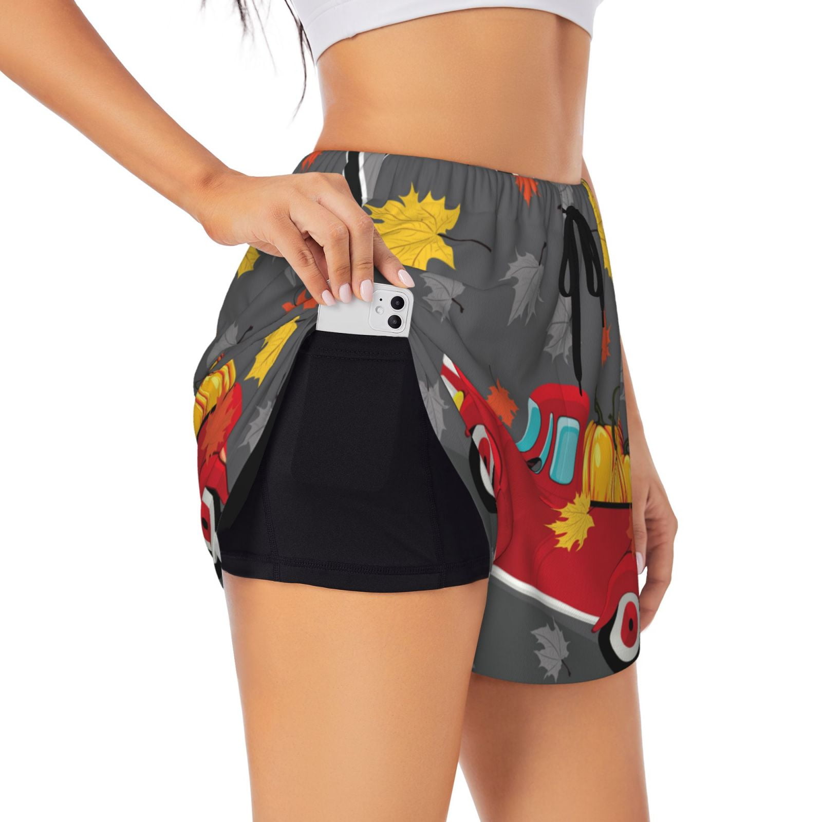 Adobk Red Pickup Truck With Pumpkins Print Women's Workout Shorts for