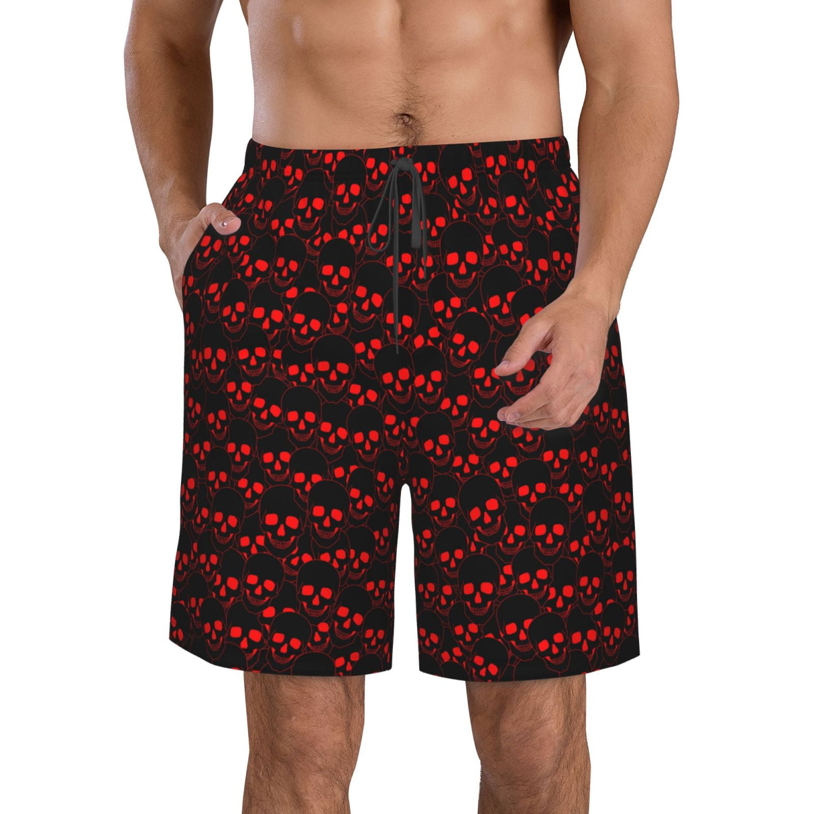 Adobk Red Skulls 4 Print Men's Swim Trunks Hawaiian Bathing Suit