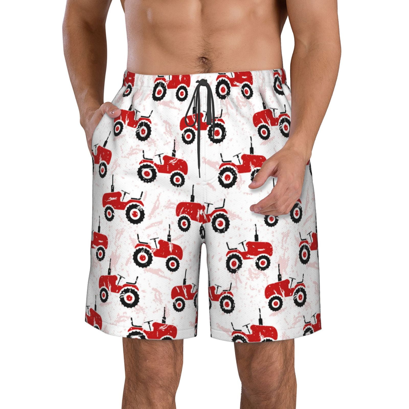 Adobk Red Wheeled Tractors Print Men's Swim Trunks Hawaiian Bathing