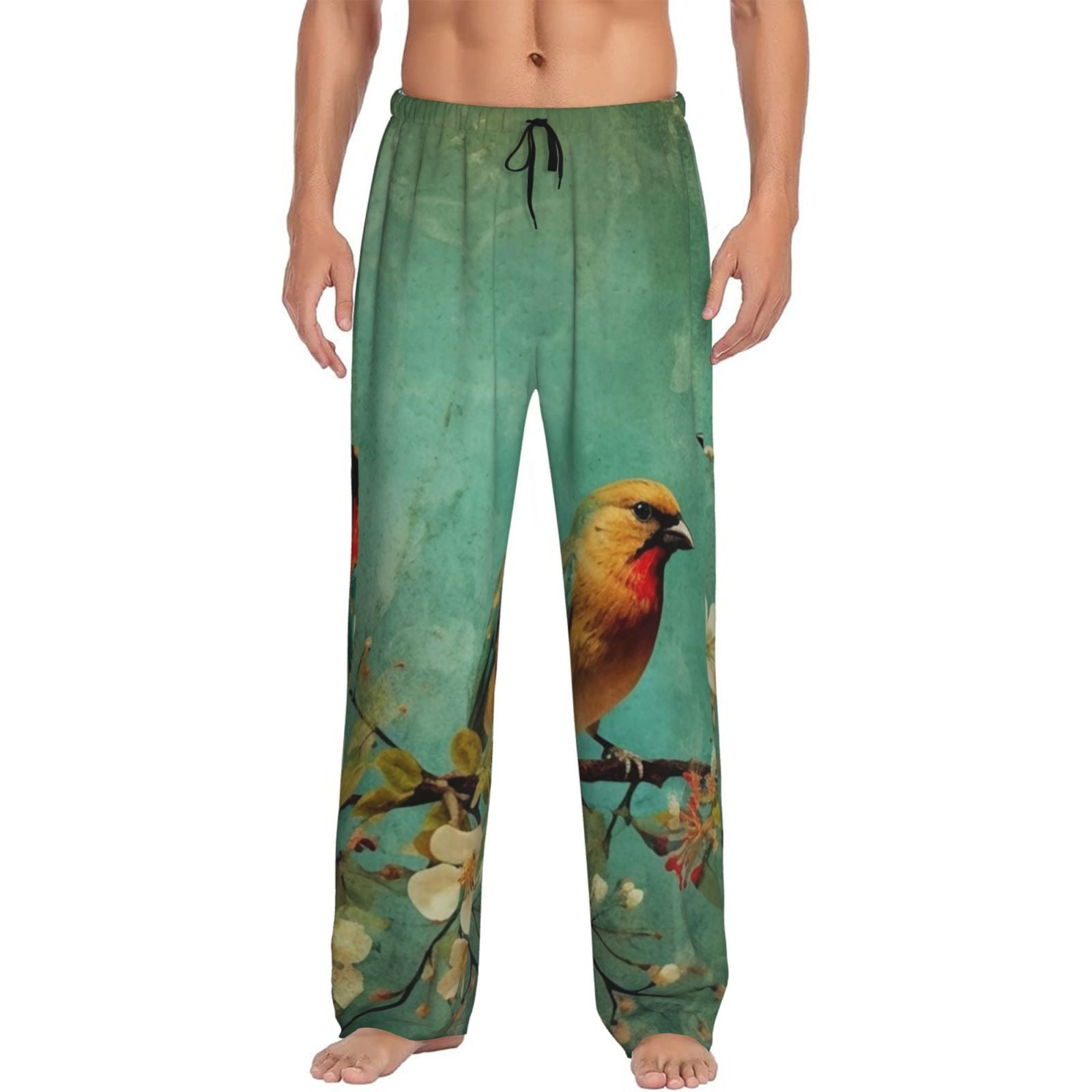 Adobk Retro Birds Print Men's PolySpandex Jersey Knit Pajama Sleep