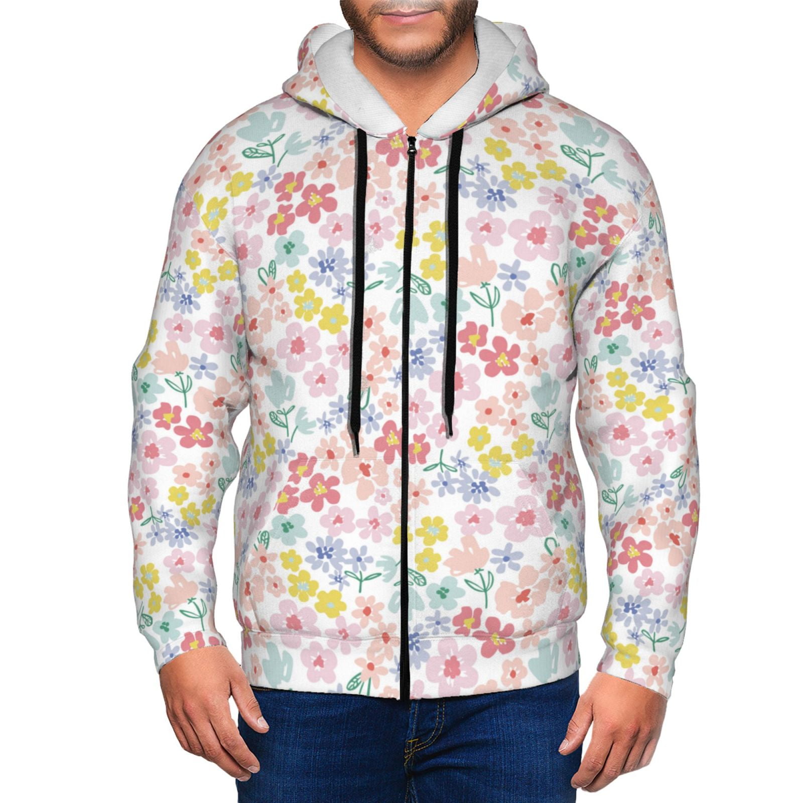Adobk Retro Floral Print Mens Fullzip Hoodie, Zipup Hooded Sweatshirt