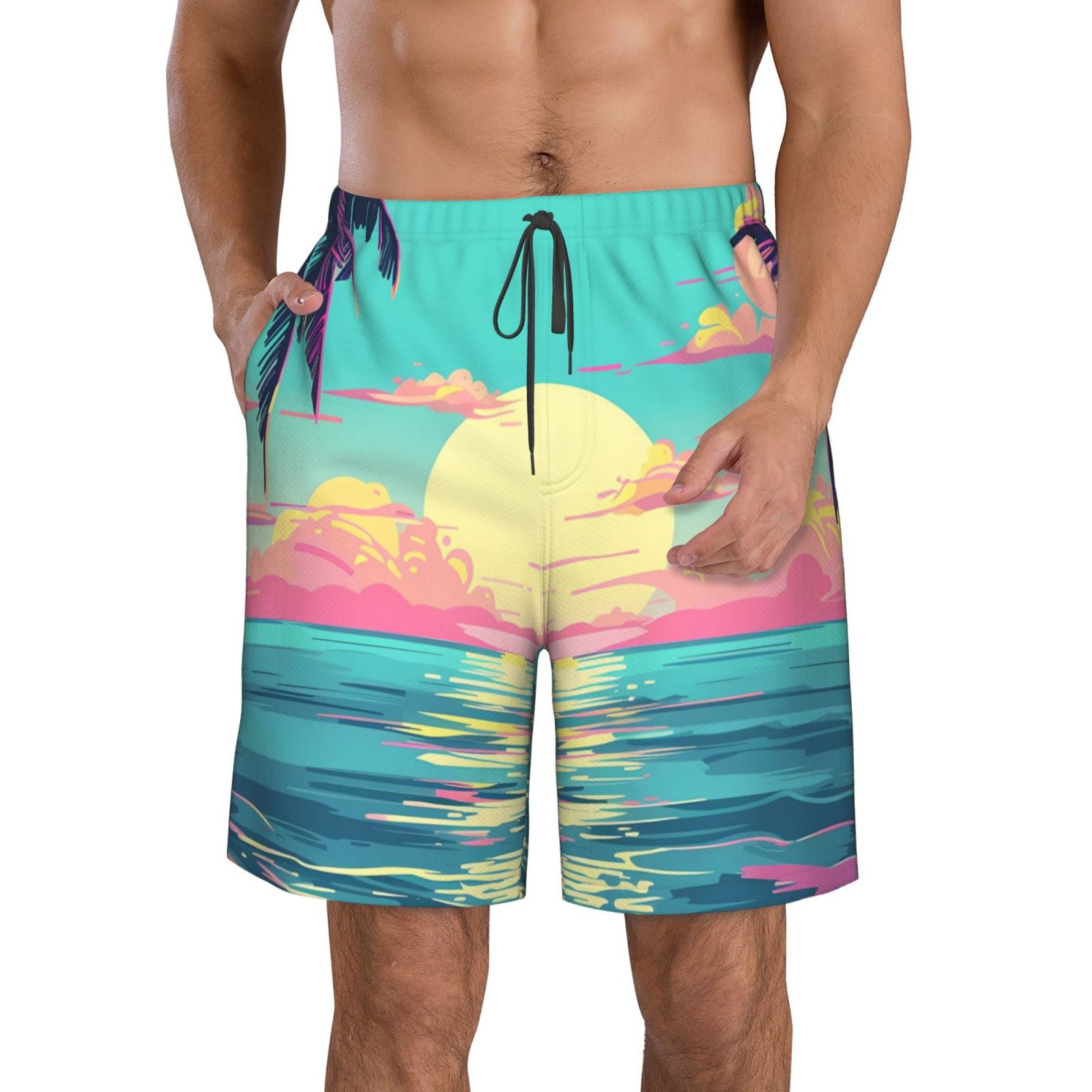 Adobk Retro Palm Beach Sunset Print Men's Swim Trunks Hawaiian Bathing