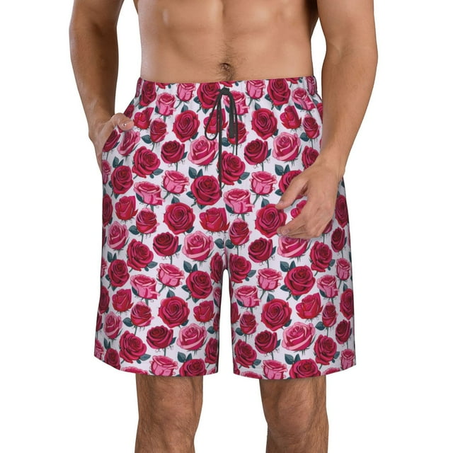 Adobk Rose Flowers Print Men's Swim Trunks Hawaiian Bathing Suit Swimsuits Beach Shorts with Pockets-XX-Large