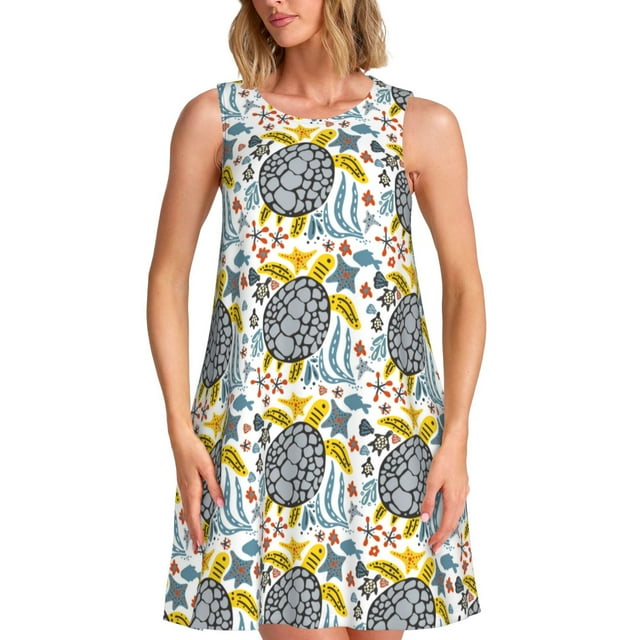 Adobk Sea Turtle Print Women's Sleeveless Dress, Loose Fit Summer Dress ...