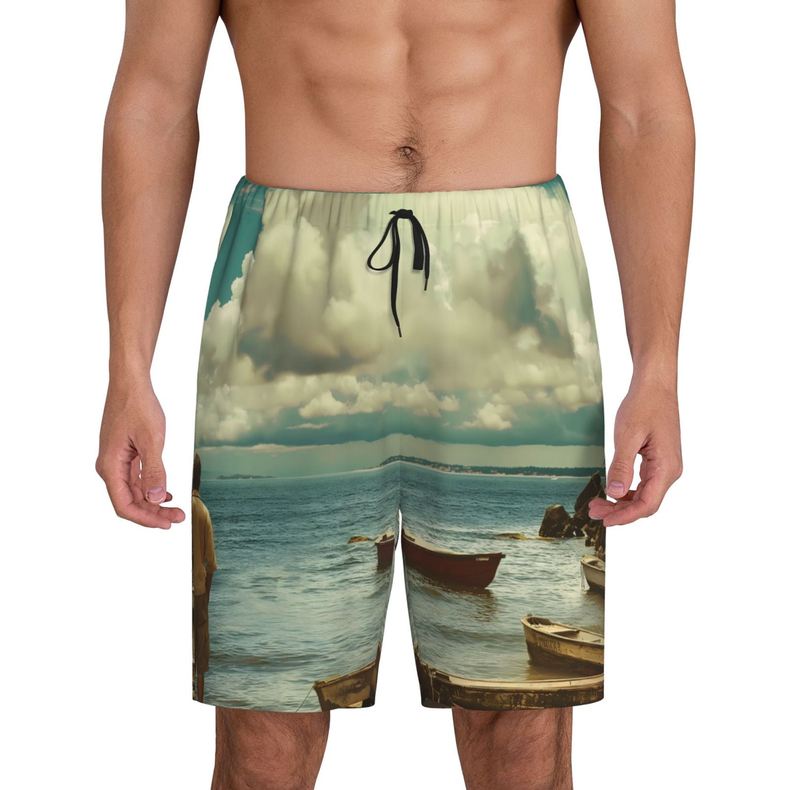 Adobk Serene Coastal Blue Sky Print Pajama Shorts for Men Pjs Bottoms