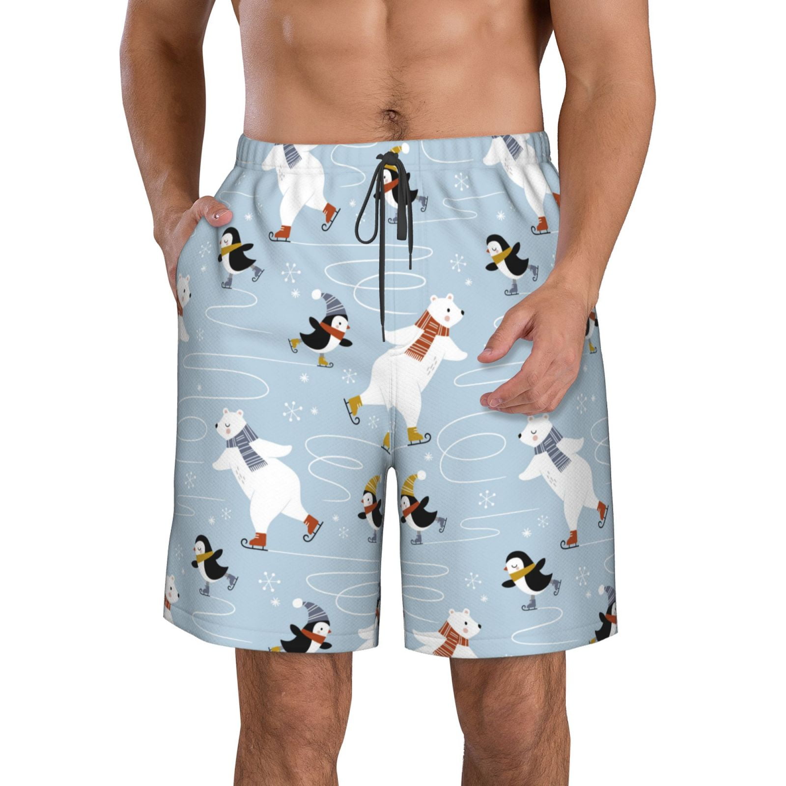 Adobk Skiing penguin Bear Print Men's Swim Trunks Hawaiian Bathing Suit