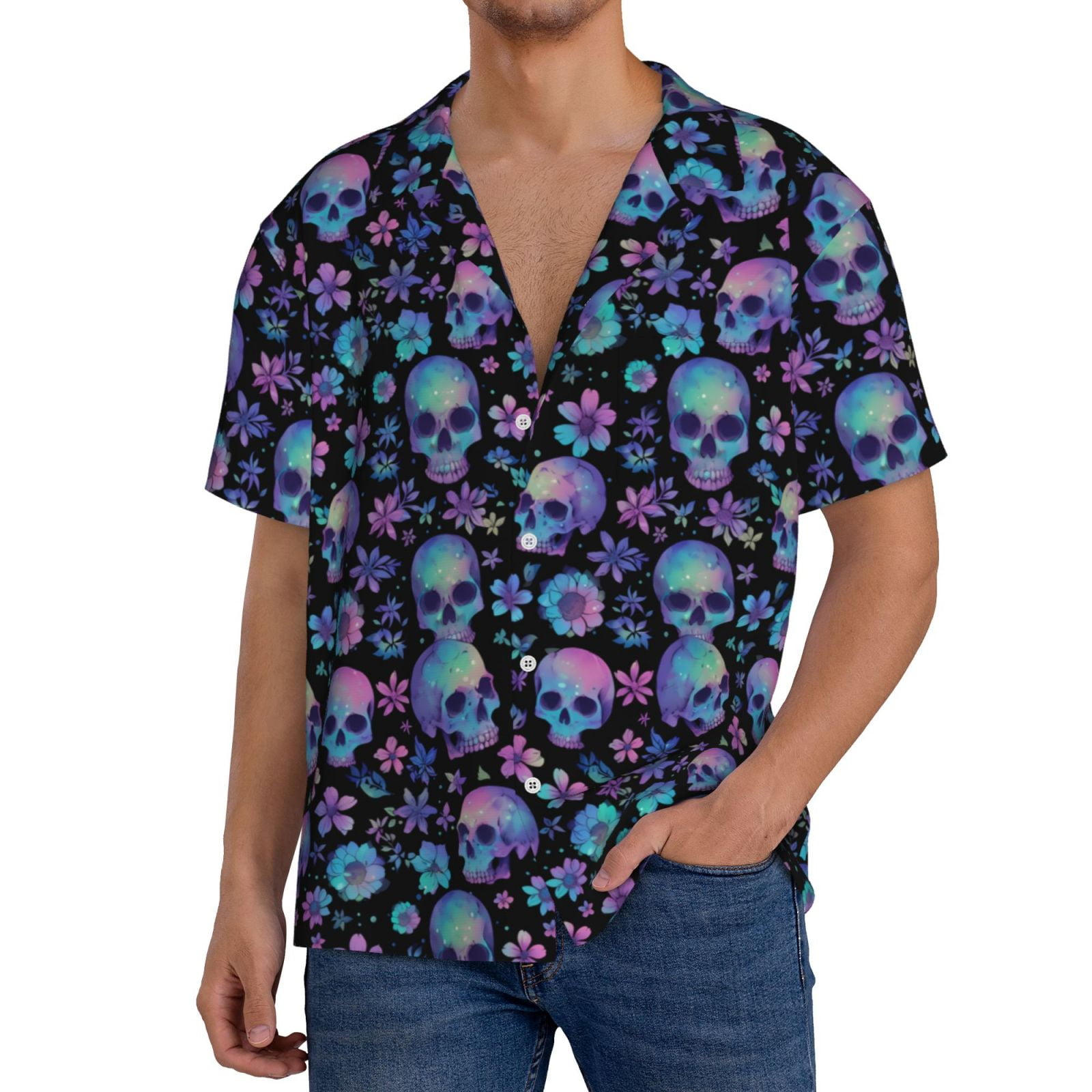 Adobk Skull Flower Blue Print Men's Casual Button Down Shirt Summer