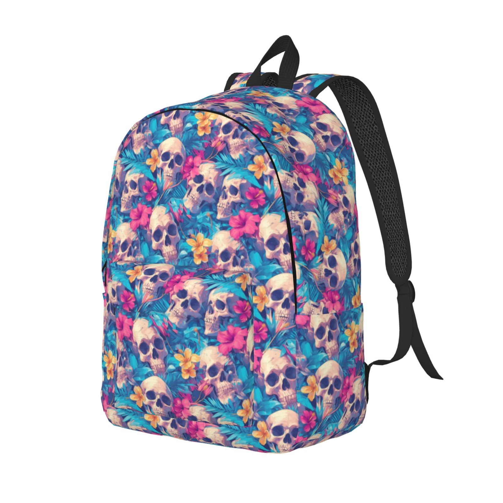 Adobk Skull blue leaf Print Canvas Backpack Lightweight Travel Daypack