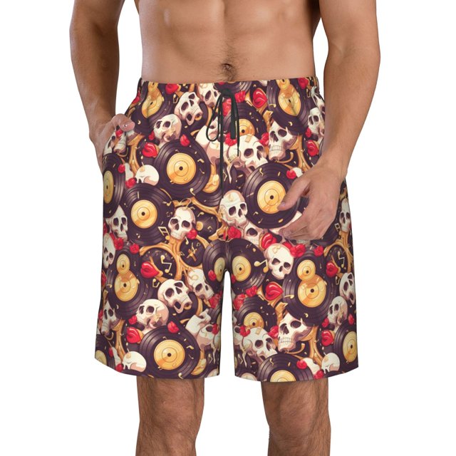 Adobk Skull record lips Print Men's Swim Trunks Hawaiian Bathing Suit