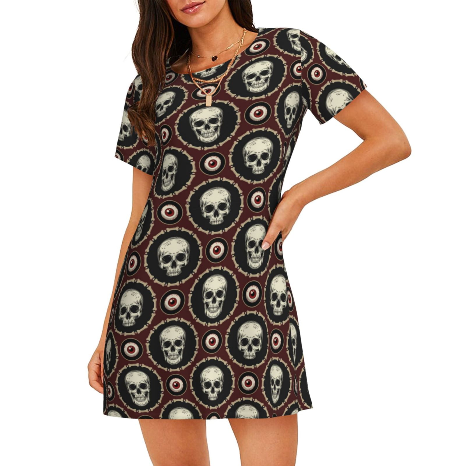 Adobk Skulls And Red Eyeballs Print Womens Short Sleeve Sleepshirt ...