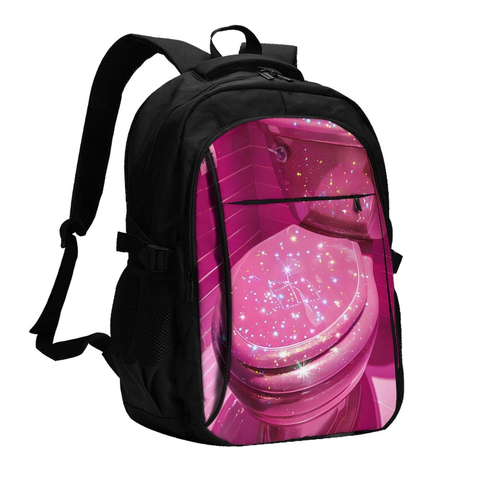 Pink Computer Backpack Adobk Sparkling Pink Toilet Print Travel Laptop Backpack, Anti Theft ...