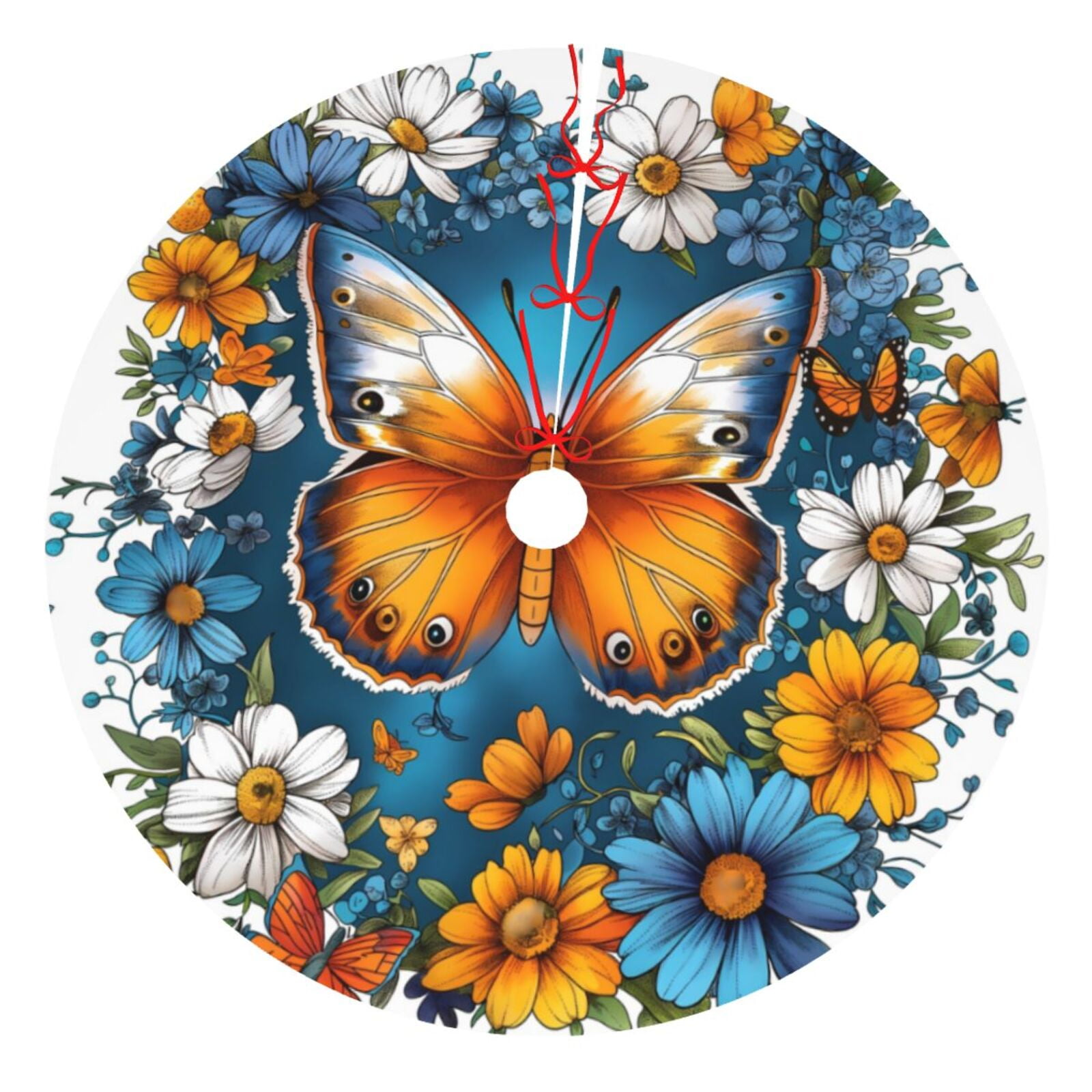 Adobk Spring Butterfly Flowers Print Christmas Tree Skirt Christmas