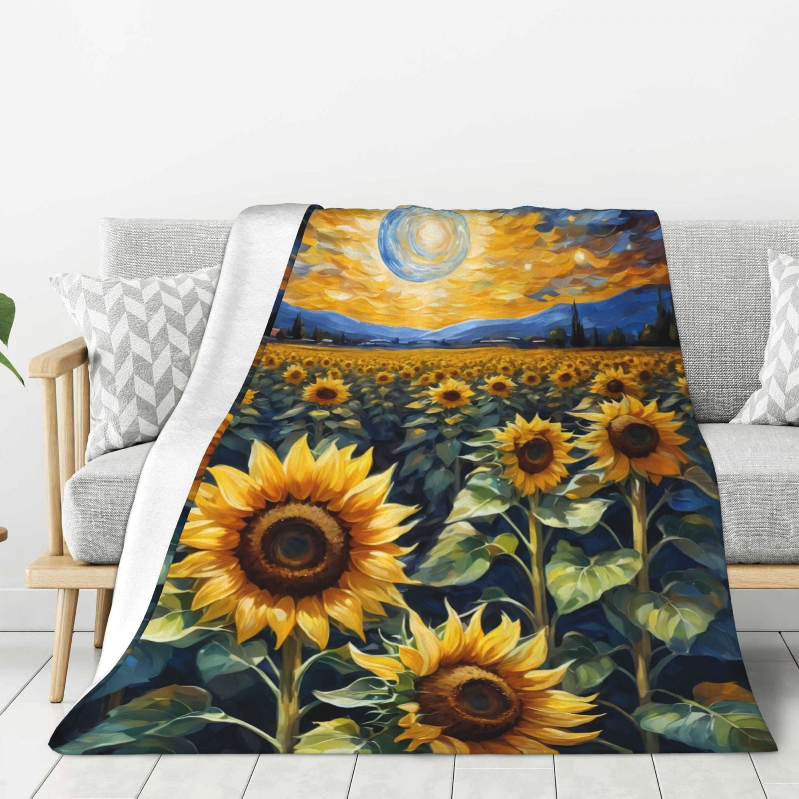 Adobk Starry Sky Moon Sunflower Print Blanket Super Soft Flannel Throw