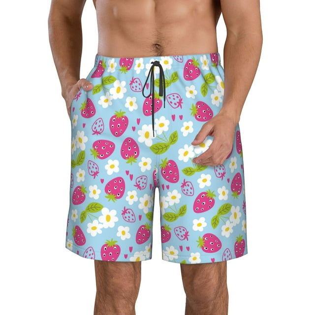 Adobk Strawberry And Flowers Print Men's Swim Trunks Hawaiian Bathing Suit Swimsuits Beach Shorts with Pockets-Small