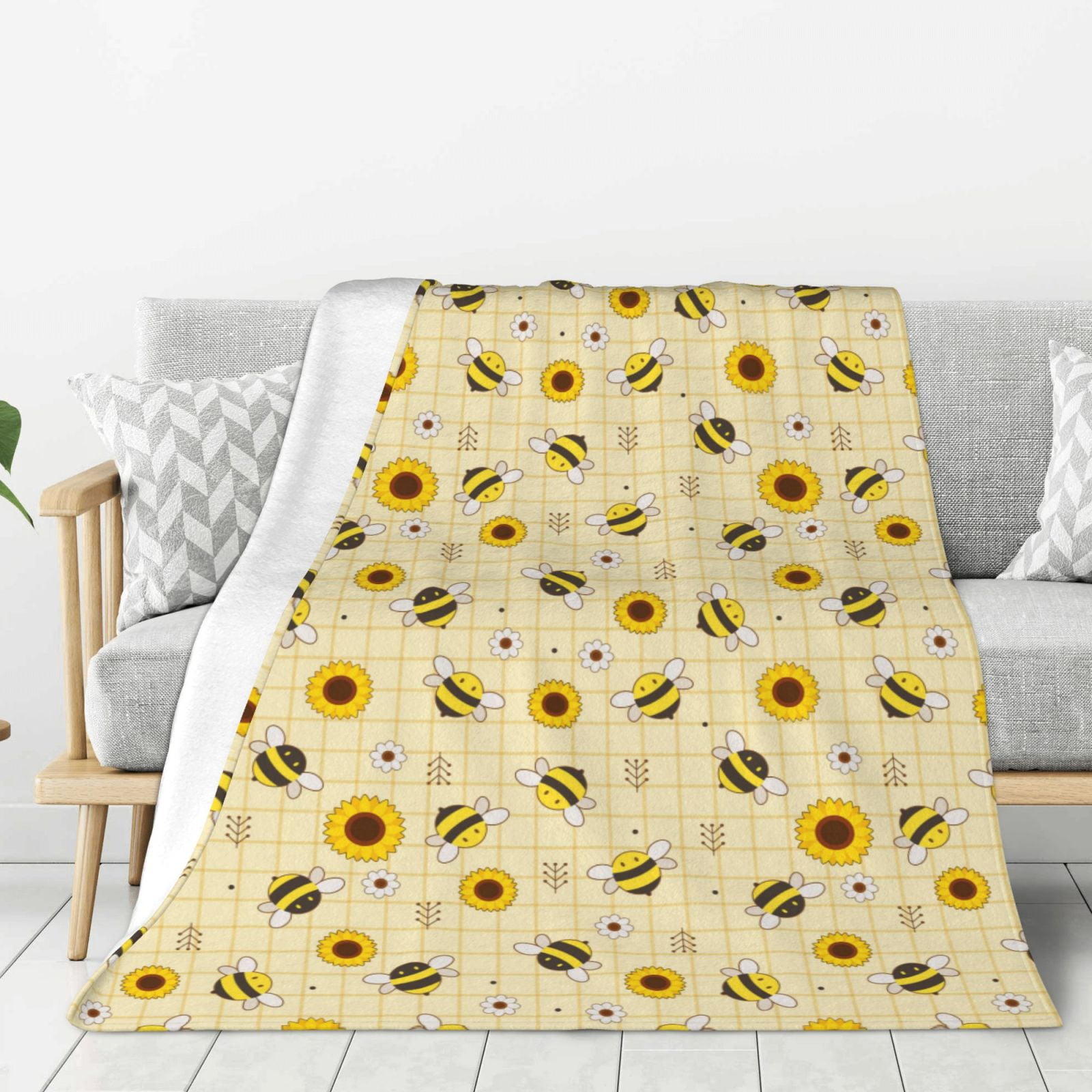 Adobk Sunflowers Bee Print Blanket Super Soft Flannel Throw Blanket