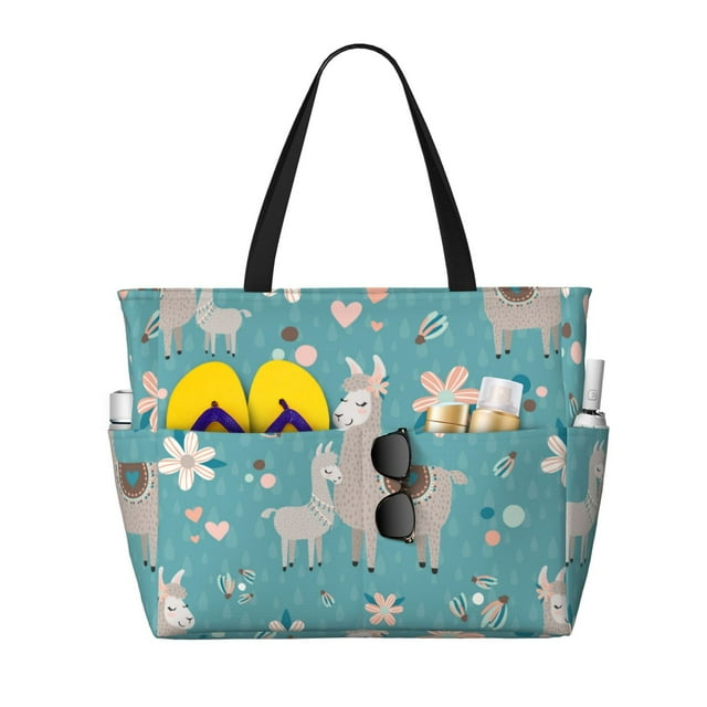 Adobk Teal Mama Llama Print Beach Bag for Women Large Beach Tote Bag ...