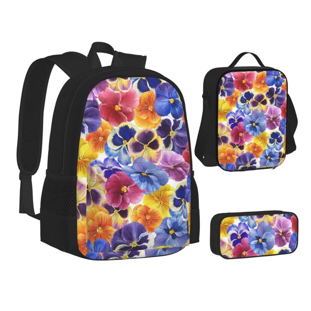 Adobk The Garden Tricolor Pansy Flower Print Backpack Set ,School Bags