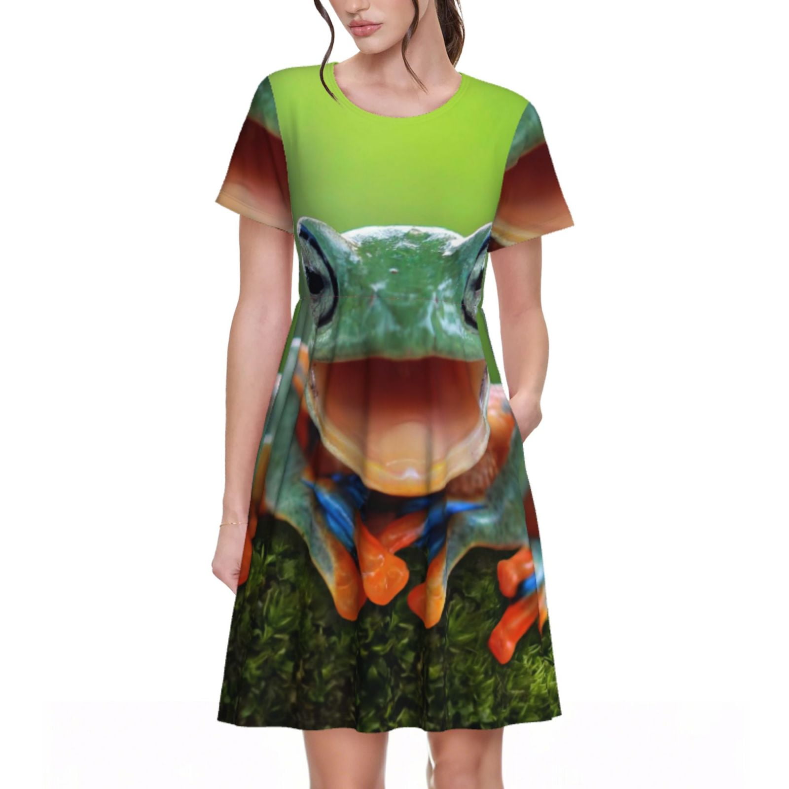 Adobk Tree Frog Print Women’s Short Sleeve Dress, Comfortable & Stretchy Casual Dress, Soft ...